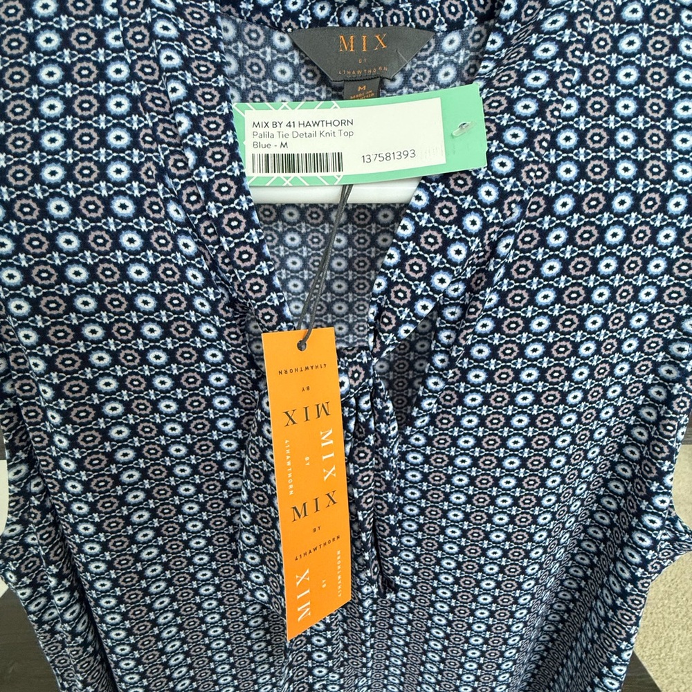 Mix by 41 Hawthorn Palila Tie Detail Sleeveless Knit Top Blue Print Size M NWT - Picture 8 of 10